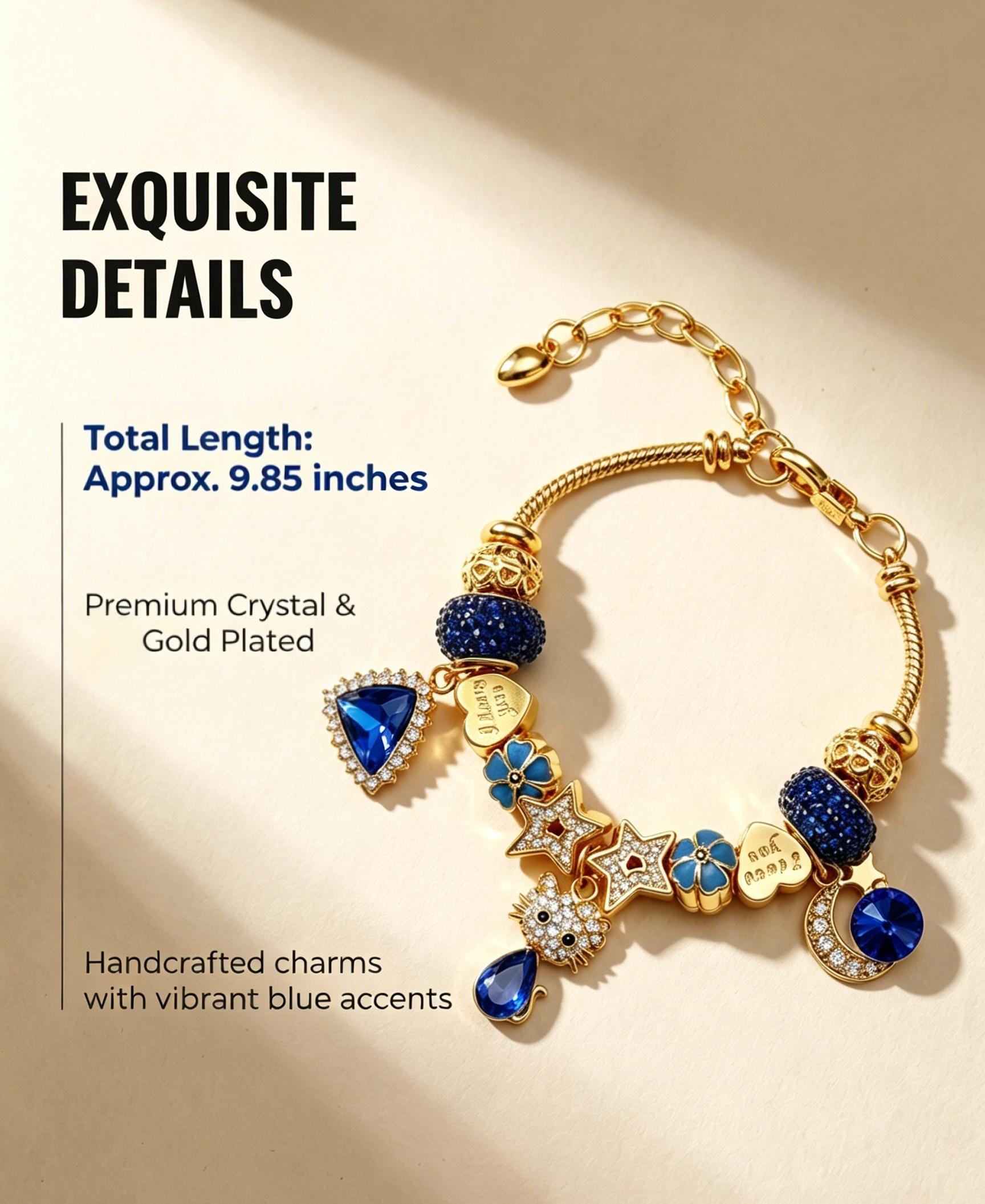 Gold Plated Blue Crystal Cat Charm Bracelet, Adjustable Snake Chain Beaded Bracelet with Star Moon Heart Charms, Fashion Jewelry Gift for Women