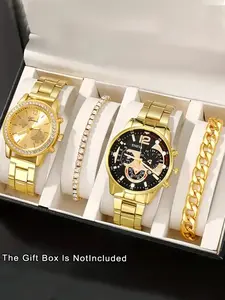 Golden Couple Quartz Watch, Quartz Movement, Alloy Strap Watch, Durable Materials, ExquisiteRound Dial Analog Display Couple Wrist Watch, Watch Set Perfect for Mother's Day, Father's Day, Graduation Season, and Casual Attire, No Packaging Box Included