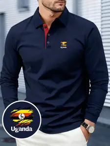 Men's Uganda Print Long-Sleeve Polo Shirt, Soft & Breathable Fabric, Comfortable for All Seasons, Fashionable & Versatile, Suitable for Business Gatherings, Outdoor Sports & Daily Wear, Men's Casual & Business Collared Shirt