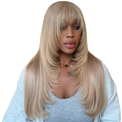 HANA HAIR Women's Thick Ash Blonde 13X4 Lace Frontal Wig - Straight With Bangs, 200% Density, Bleached Knots, 21-23.5 Inches, DIY Layering, Lace Closure Wig, Headband Compatible, Female Wedding Use, Human Hair