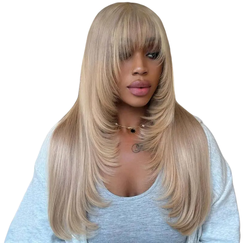 HANA HAIR Women's Thick Ash Blonde 13X4 Lace Frontal Wig - Straight With Bangs, 200% Density, Bleached Knots, 21-23.5 Inches, DIY Layering, Lace Closure Wig, Headband Compatible, Female Wedding Use, Human Hair