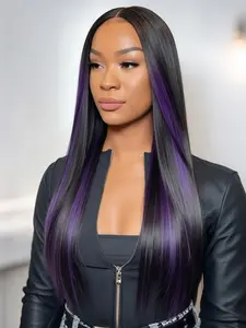 Black & Purple Highlights 13x4 HD Transparent Lace Front Wig, Pre-Plucked Hairline Heat Resistant Synthetic Wig for Party Music Festival Cosplay 28 Inch