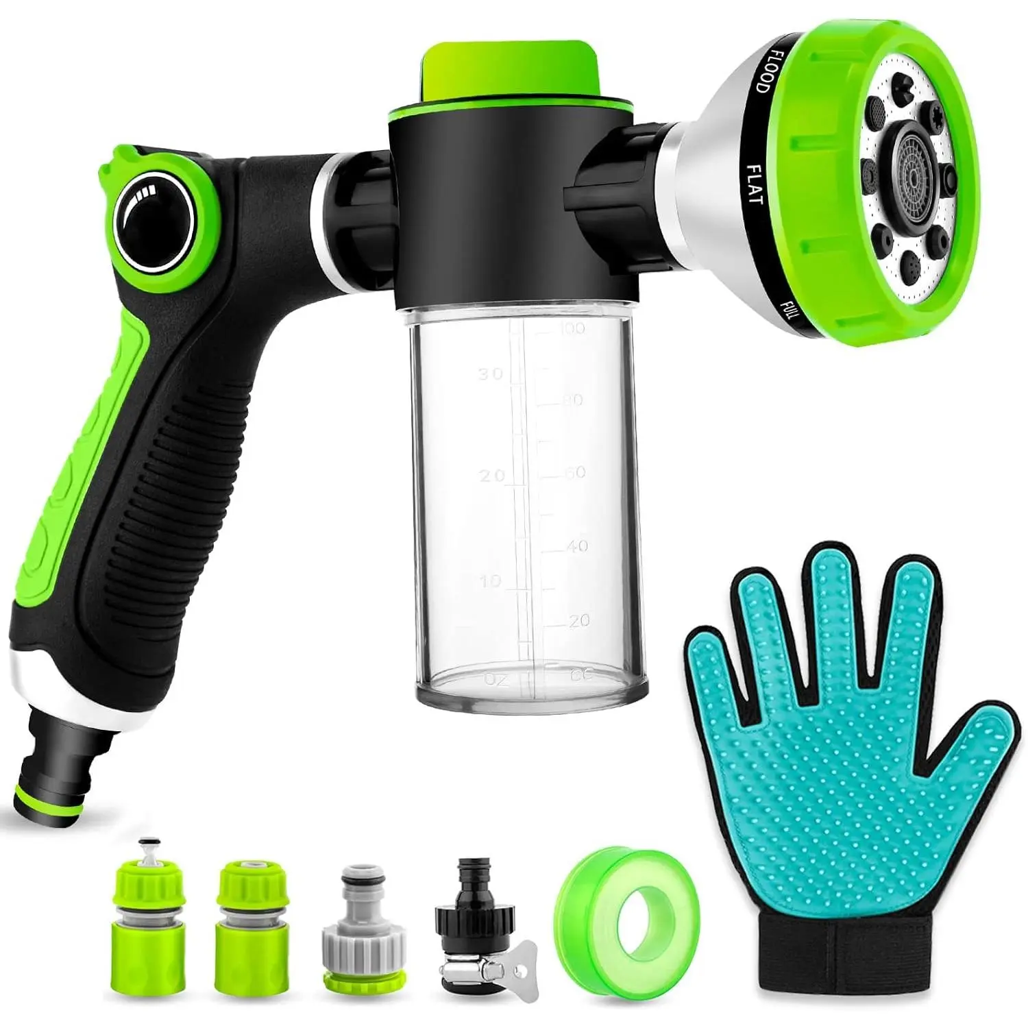 Upgraded Pet Grooming Wash Hose Attachment with 8-in-1 Adjustable Nozzle, Pet Glove, 100cc Soap Dispenser Bottle for Dog, Cat Bathing & Horse Showering