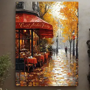 1 piece Paris Cafe Wall Art, framed - Autumn street cafe scene with tables, chairs, and warm lighting, French cafe print, for kitchen decoration, hook type, wooden frame, kitchen wall art |   Autumn Scene |   Wooden frame art, Parisian decoration