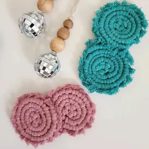 Gift Set- 1 Macrame Cotton Car Coaster and 1 Car Charm, Perfect gift for Car lovers, Contains 1 set of 2 Elegant and Absorbent Handwoven Boho Coaster Set with Fringe Tassels and 1 Cute and Boho Car Charm