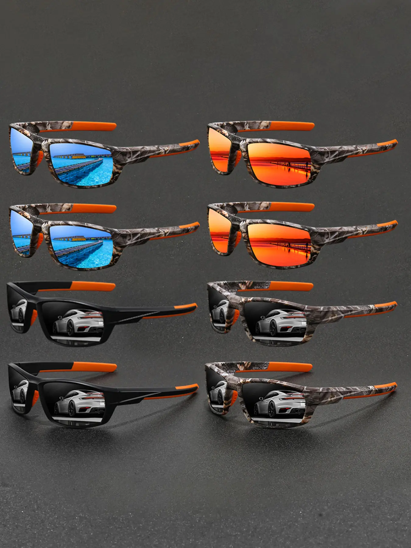 8 pairs of the latest fashionable retro camouflage sports glasses, suitable for outdoor sports, fishing, cycling, mountain climbing and other men's and women's glasses, equipped with anti slip rubber nose pads, comfortable and fashionable to wear.