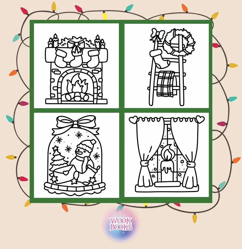Wook Books Cozy Christmas Coloring Book & Reusable Protective Sheet 8.5" x 8.5" Mylar Sheet to Prevent Bleed Through Custom Fit