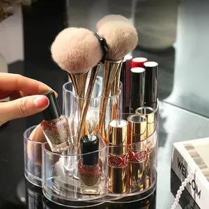 360 Rotating Makeup Organizer Spinning Cosmetic Display Cases with 5 Compartment Acrylic Clear Round Turntable Storage Tray Bathroom Counter Organizer Makeup Brush Lip Gloss Organizer Case Boxes