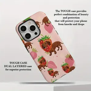Dachshund and strawberry pattern, durable and shockproof glossy 2-in-1 phone case, suitable for iPhone 17, 16, 15, 14, 13, 12, 11, X, Samsung, and other series models. Can be given as a holiday gift to friends or family.