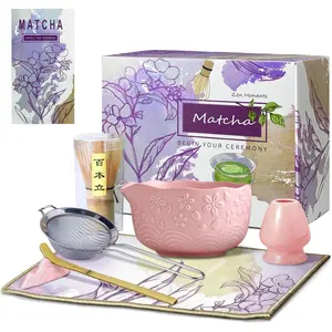 7 Pcs Pink Ceramic Matcha Whisk Tea Set Includes Matcha Bowl Whisk Holder Bamboo Scoop Powder Sifter Towel for Matcha Lovers