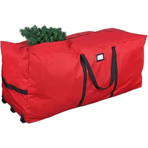 Rolling Tree Storage Bag, Fits Up to 9 foot Disassembled Holiday Tree, 28" Height X 16" Wide X 60" Long  Heavy Duty Storage Container with Wheels (Red)