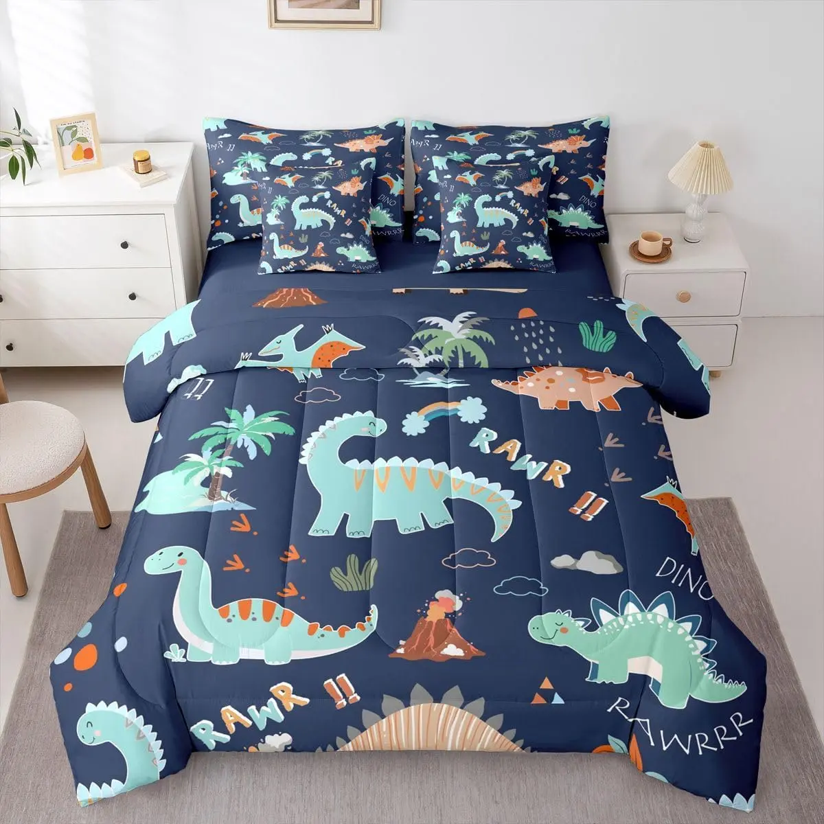 Kids Dinosaur 7 Piece Bedding Set Cartoon Dinosaur Comforter Set with Sheets Cute Jungle Dino Bed in a Bag Navy Blue and Green Bed Set Soft Lightweight