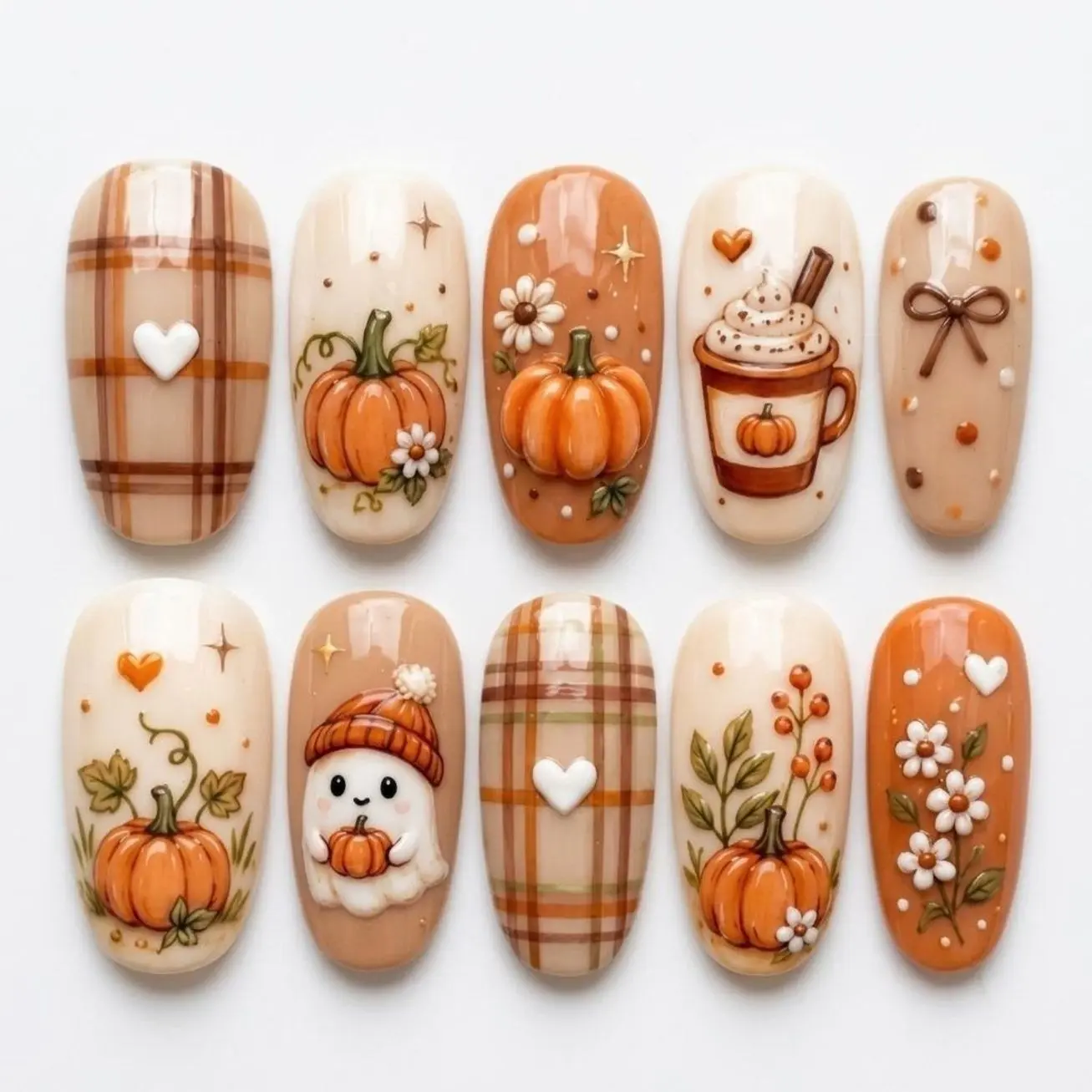 Fall Pumpkin Press On Nails with Plaid Pattern, Floral Details, Coffee Cup Art, Warm Orange Beige Colors, Autumn Thanksgiving Nail Set for Women