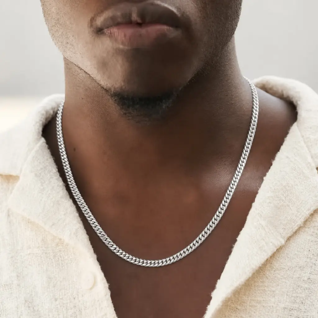 Men's Silver Metallic Cuban Link Male Chain Necklace - Classic Curb Style, Premium Anti-Tarnish Coated, Hip Hop Flat Links, Gym-Durable for Gym Wear, Ideal for Solo Wear or Stacked Look (No Pendant Needed)