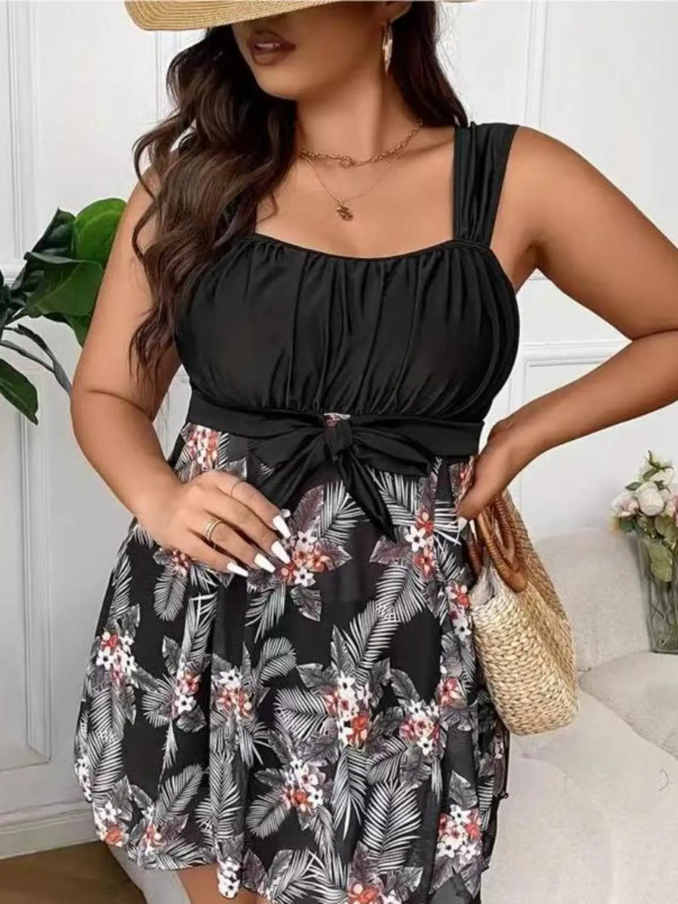 Plus Size Knot Front Sheer Contrast Mesh Floral Print Swimwear Tankini Set, Tankini Beachwear, Ruched Sleeveless Swim Top & Swim Bottom for Summer, Two-piece Swimsuit for Beach