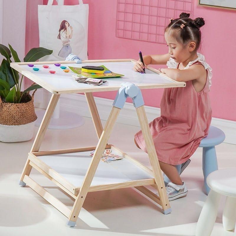 ADENA MONTESSORI 2-in-1 Adjustable Wooden Standing Art Easel & Toys Table for Kids 3-8 Years Old - Dual-Sided Magnetic Design with Storage Shelf & Accessories for Creative Play and Learning
