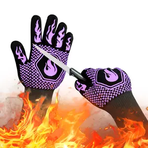 BBQ Fireproof Gloves, Grill Cut-Resistant Gloves 1472°F Heat Resistant Gloves, Non-Slip Silicone Oven Gloves, Kitchen Safe Cooking Gloves for Oven Mitts,Barbecue,Cooking, Frying,13.5 Inch-Purple