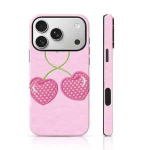 Heart Cherry Embroidery Design Fashion Phone Case 360 Protection for iPhone 17 Pro Max/16 Pro Max /15Pro Max 15/14/13/12 & Samsung S26 /S25Ultra Unique Phone Case