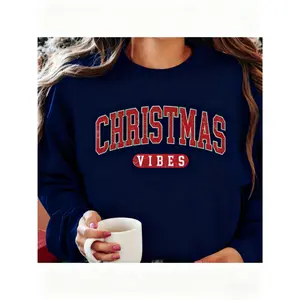 1 Piece Women's Casual Crew Neck Sweatshirt, Christmas Atmosphere Sweatshirt with Letter Pattern, Long Sleeve Pullover, Autumn Winter Gray Sweatshirt