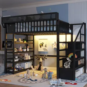 Full Size Loft Bed Frame with Stairs, 4 Shelf Storage Rack and Charging Station, Heavy-Duty Metal Full Loft Bed for Teens Adults, Noise Free,Black