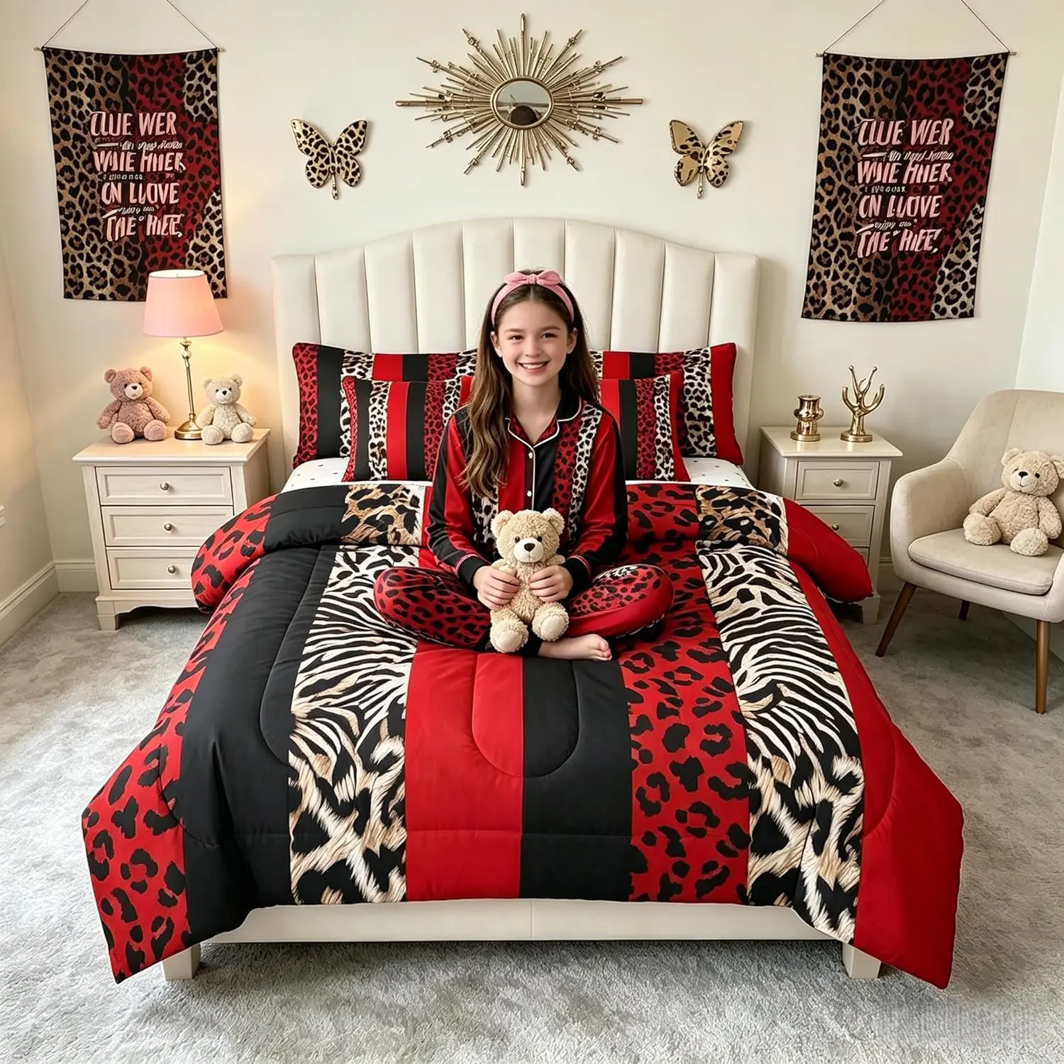 7 Pieces Leopard Print Comforter Set,Cheetah Skin Fashion Bedding Set,Geometric Stripes Patchwork Red Black Brown（Comforter+Fitted+Flat Sheet+2 Pillowcases+2 Throw Pillow Covers）