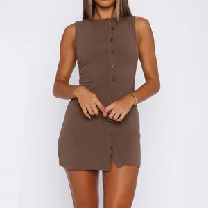 Women's Summer Tank Dress Solid Color Sleeveless Round Neck  Button Down Mini Bodycon Dress