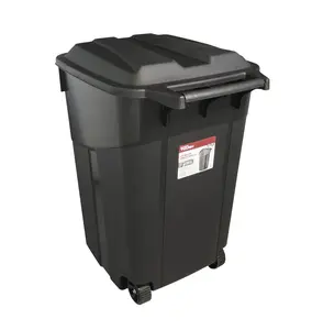45 Gallon Wheeled Heavy Duty Plastic Garbage Can, Attached Lid, Black