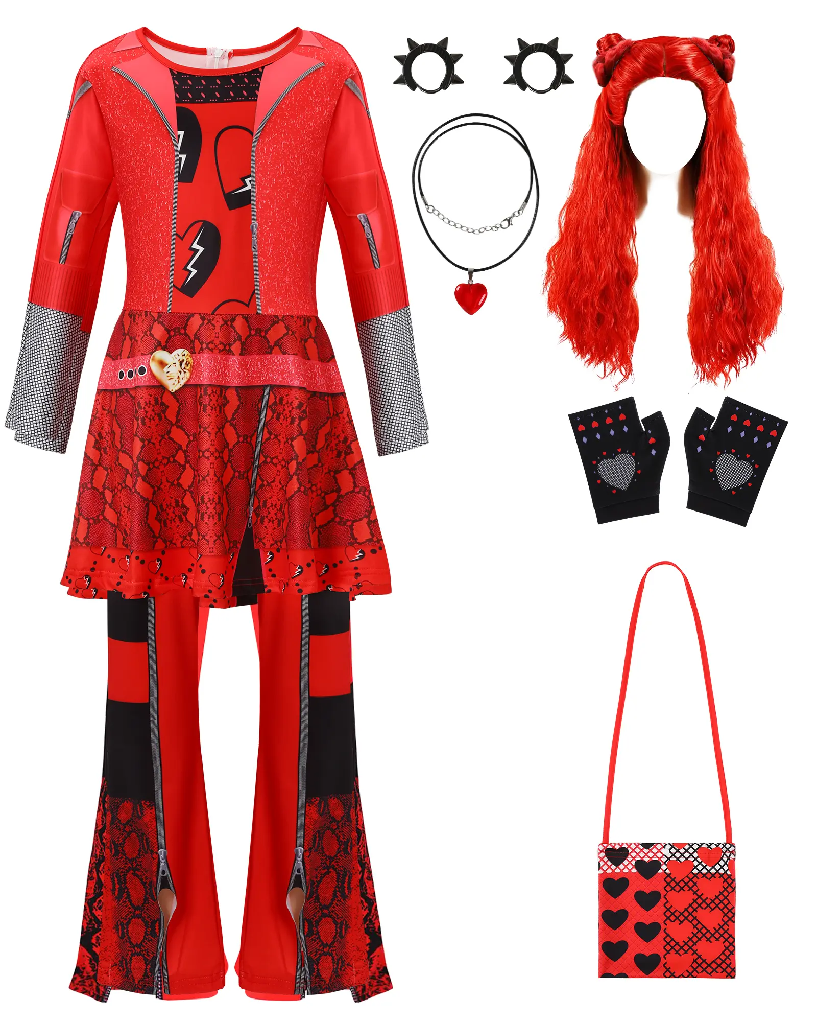 Girls Rise of Red Costume Full Set, 8 Pcs Princess Red Jumpsuit Dress up for Kids Halloween Cosplay Party