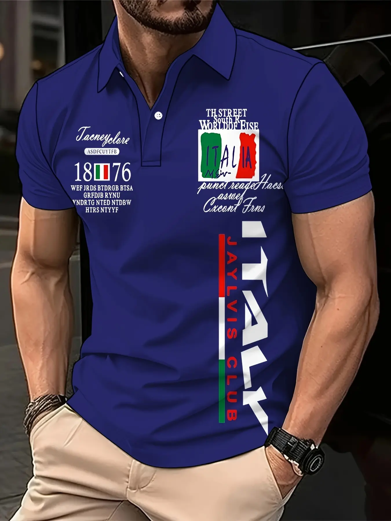 Men's Italian Short Sleeve Patriotic Polo Shirt, Summer Polo Shirts, Printed Italian Flag, Casual Street Style, High Street Casual, 100% Polyester, Lightweight, Neat Stitching