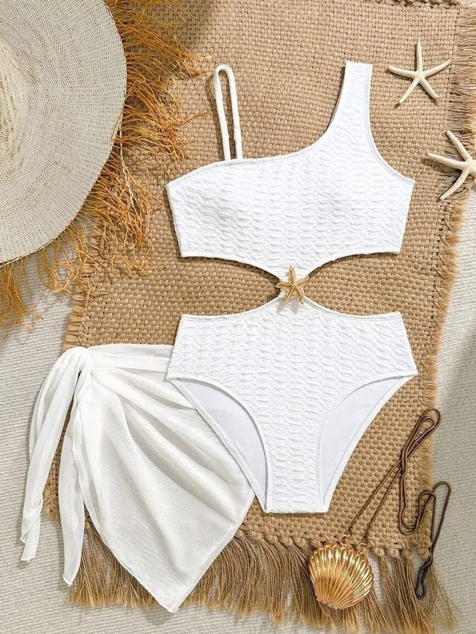 Tween Girls Starfish Cut-Out One-Piece Swimsuit With Sarong, 2-Piece Resort Wear For Beach Vacation
