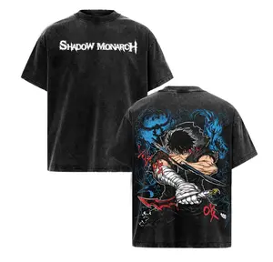 Solo Leveling Sung Jin-Woo Shadow Monarch Anime Graphic Tee - Vintage Washed Oversized Dark Streetwear T-Shirt with Hunter System Power Design, Unisex Gift for Fans