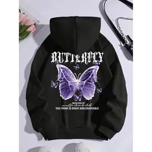 Women’s motivational hoodie with thermal lining, “Never Give Up” slogan, black butterfly print, kangaroo pocket, and drawstring hood for casual streetwear