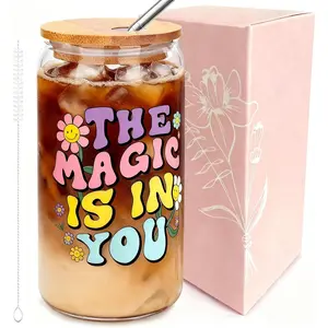 16oz Glass Cups with  and Straws, The Majic Is In You Cups - Cute Iced Coffee Tumblers for Women, Thank You Gifts for Her