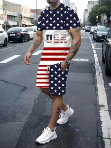 American Flag Print Casual Set, Unisex Short Sleeve Shorts, Summer Fashion Trend, Regular Fit, All Seasons Wear, Contemporary Style