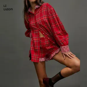 Women's Christmas Red Plaid Print Outfits Button Down Lapel Long Sleeve Tops with Ruffled Shorts Set Fashion Clothes