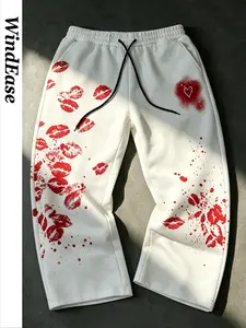 Men's Lip Print Heart Graffiti Wide Leg Casual Sweatpants, Elastic Drawstring Waist, Pocket Sports Long Pants, Comfortable Streetwear