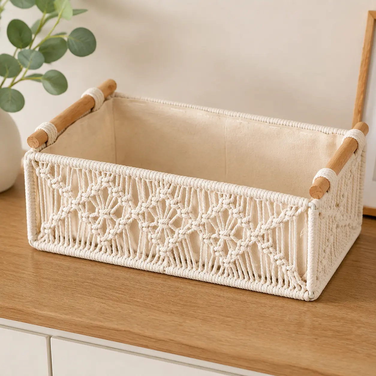 Rectangle Cotton Rope Woven Storage Basket with Metal Frame and Handle, Home Organizer Bin for Bathroom, Bedroom, Multi-Purpose Container for Towels, Blankets, Toys, Clothes, Books, Accessories & Daily Essentials, Not Provided