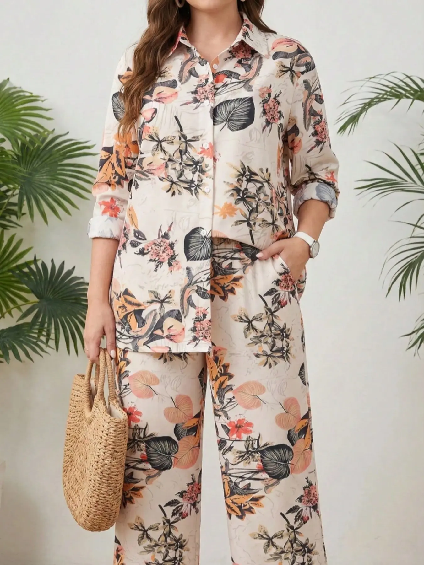 Holiday Fashion Casual Style Button-Down Shirt and Long Pants Set, Summer Outfits Set, Womenswear, Floral, Comfortable for Daily Wear, Perfect for Relaxed Occasions