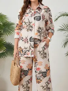Holiday Fashion Casual Style Button-Down Shirt and Long Pants Set, Floral, Comfortable for Daily Wear, Perfect for Relaxed Occasions
