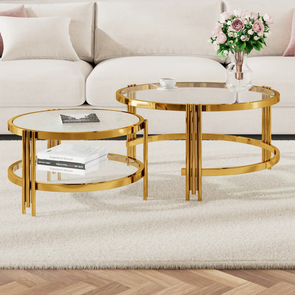 [Bellemave]Modern 2 - Piece Gold Finish with Textured Glass Coffee Table Set, Nesting Coffee Table with Tempered Glass for Living Room, 32.75"   WL