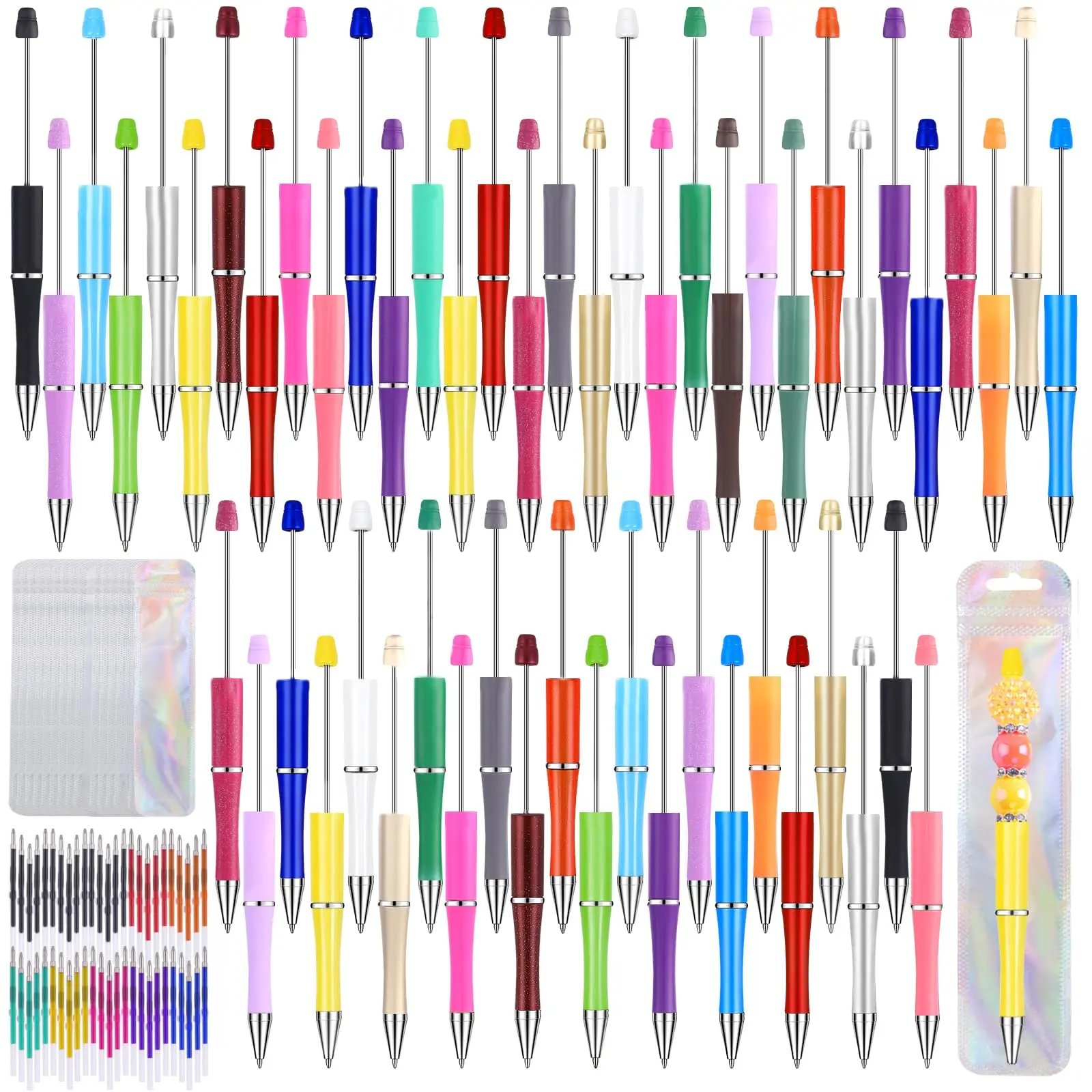 150 Pcs DIY Beadable Pen Kit Multicolor Bulk Ballpoint DIY Crafting Pens with Refills & Bags for Students Teachers School Office