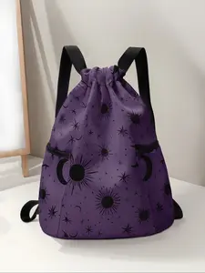 Sun Star Moon Pattern Drawstring Backpack, Large Capacity Durable Fitness Bag, Adjustable Straps, Casual Travel Hiking Camping Bag