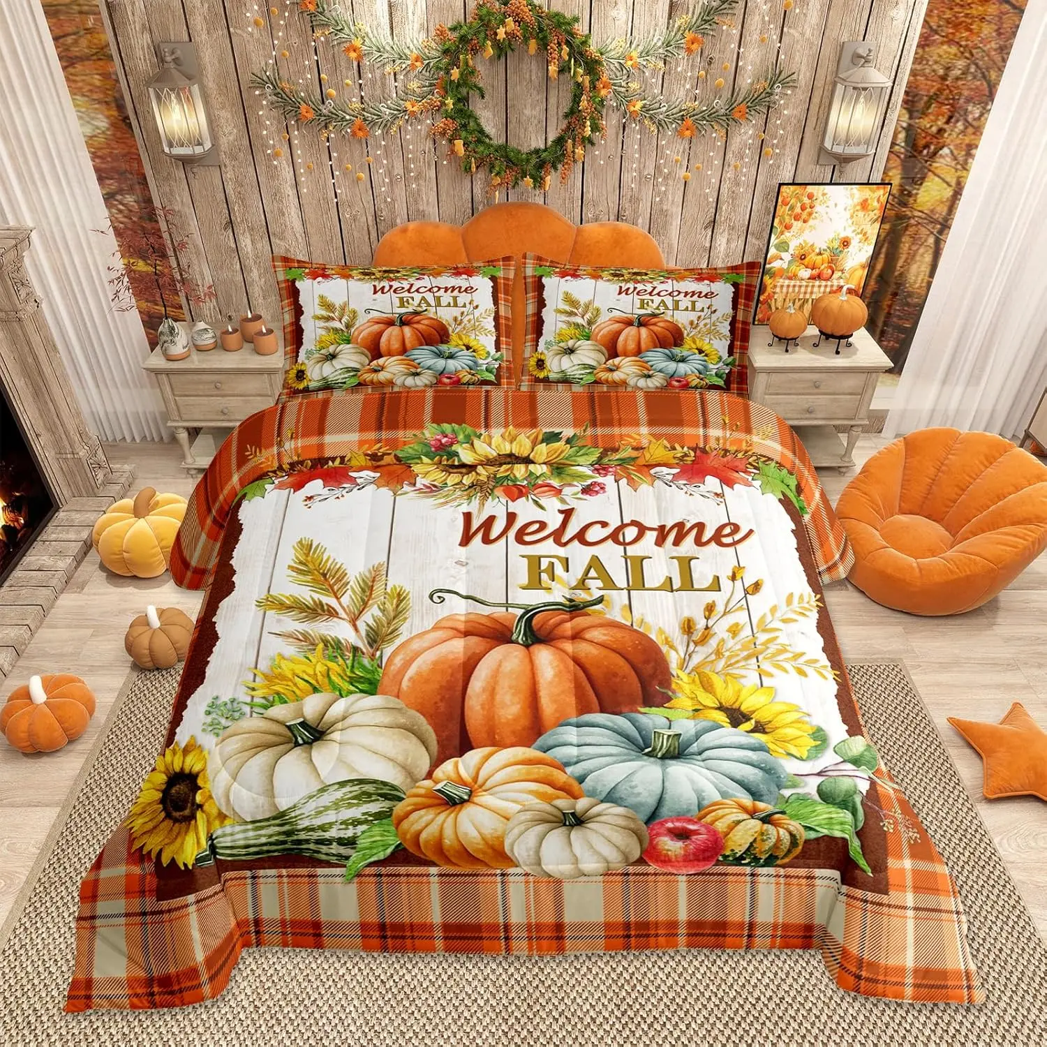 Fall Pumpkin Sunflower Comforter Set Rustic Farmhouse Wooden Barn Quilt Set Vintage Orange Plaid Bedding Set Women Room Decor Plants Duvet Insert