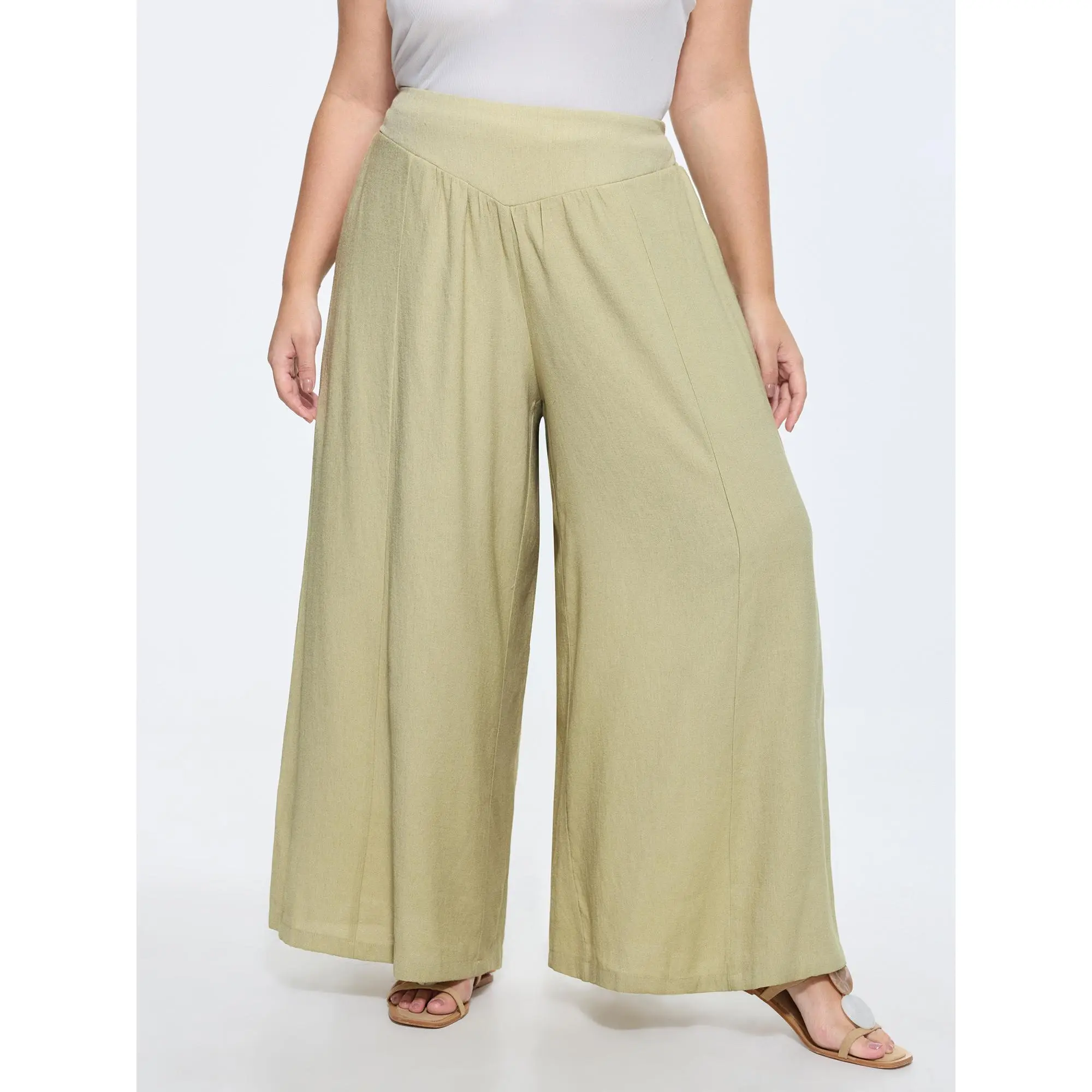 BLOOMCHIC Women's Plus Size Solid Linen Blend Sheer Pants - Smooth Basic Fabric, Button Details, Hem Slits, Patchwork, Pockets, Perfect Fit Bottoms, Size M-6X,   Light Polyester, Plus Size Fashion,Summerfinds
