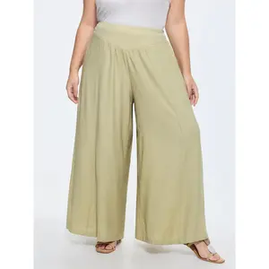BLOOMCHIC Women's Plus Size Solid Linen Blend Sheer Pants - Smooth Basic Fabric, Button Details, Hem Slits, Patchwork, Pockets, Perfect Fit Bottoms, Size M-6X,   Light Polyester, Plus Size Fashion,Summerfinds