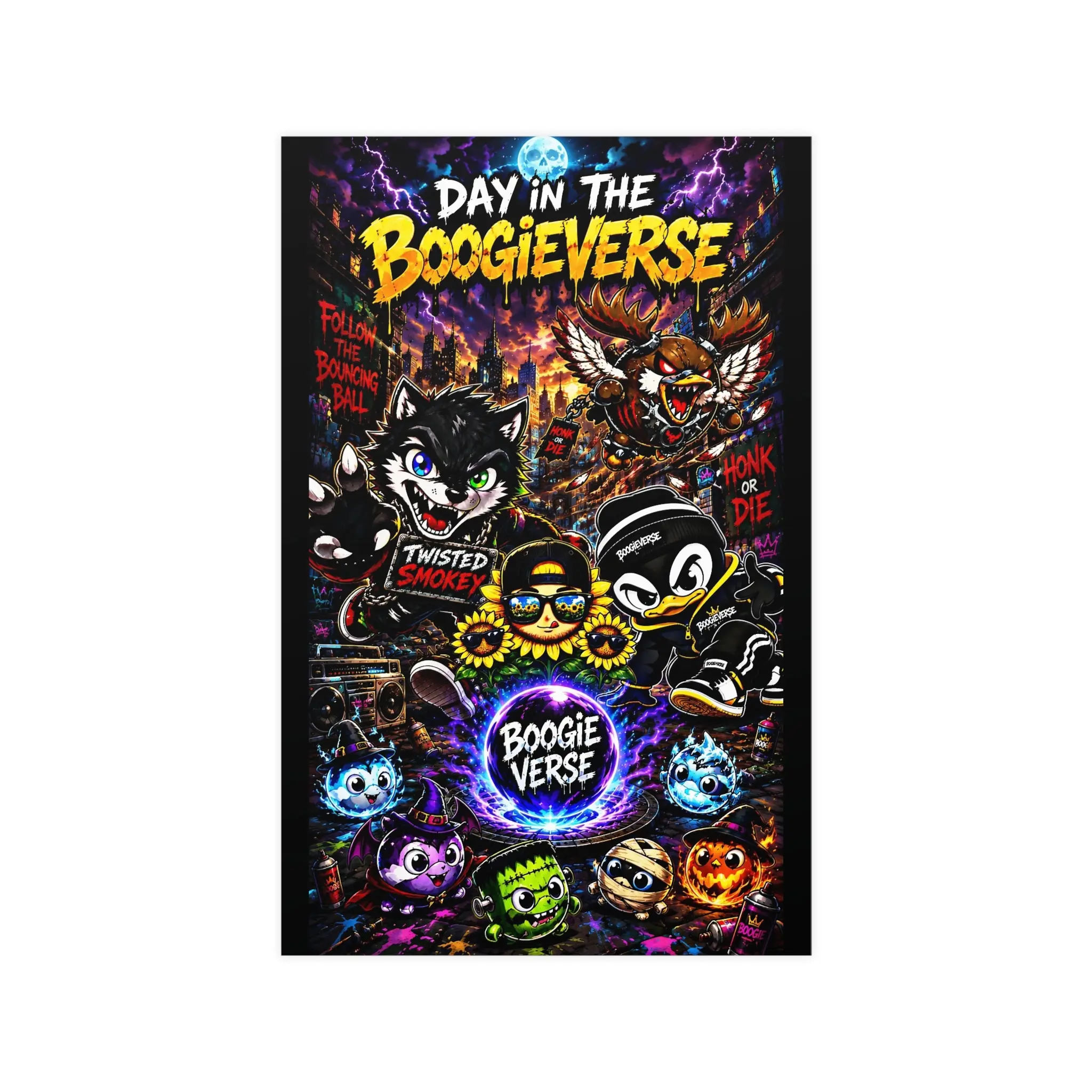 Day in the Boogieverse Poster | Neon Cartoon Horror Characters Matte Print