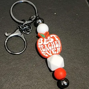 Colorful Fun Decorative Teacher Silicone Beaded Bar Keychain with Focal Bead: Apple That Says "Best Teacher Ever"
