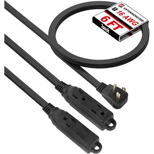 6 Ft 3 Outlet Extension Cord with Flat Plug, 3 Prong Grounded, 16/3 SPT-3 Power  for Indoor Use, Black, 2 Pack