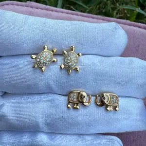 Good Luck Wisdom Wealth Earrings Elephant and Turtle Design Sparkling Animal Studs