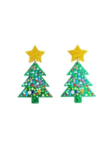 1 pair of sparkling and colorful sequin star-shaped green Christmas tree-style pendant earrings, festive jewelry